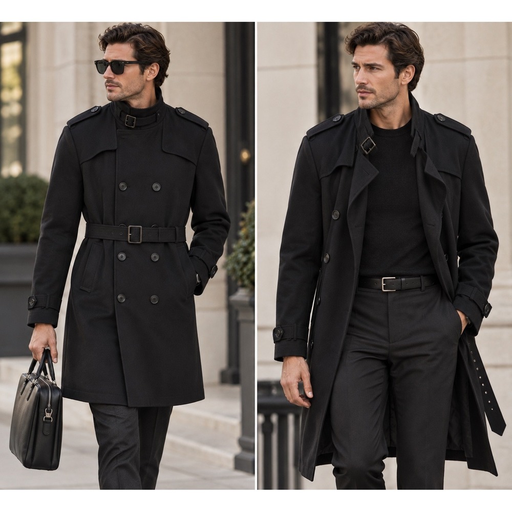 Zara Trench Coat Men XL Black Excellent Double Breasted Belted Funnel Neck